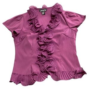 Marianne Womens Burgundy Short Sleeves V-Neck Hook & Eye Closure Ruffle Top Sz M
